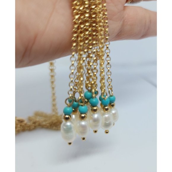 New Chico's Moon stone turquoise tassel white pearl necklace - Picture 7 of 9